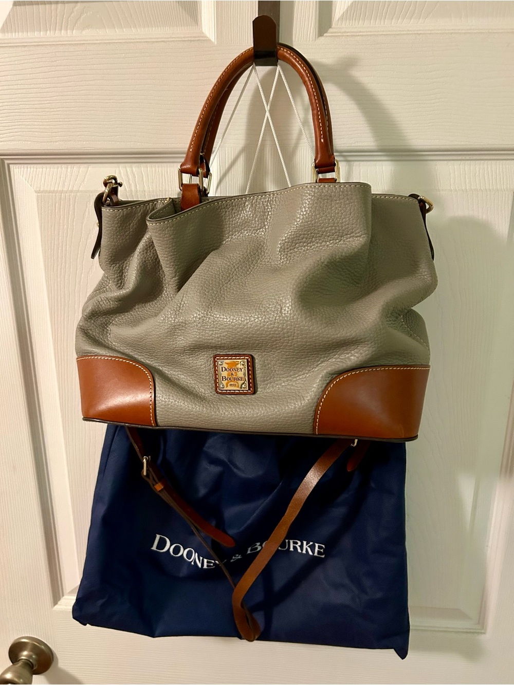 Dooney & Bourke Gray Leather Shoulder Bag with Brown Trim